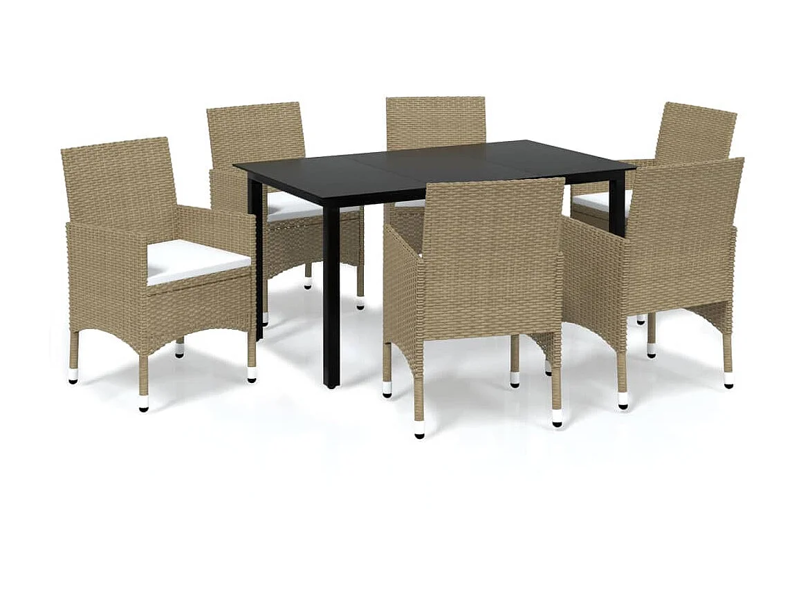 Meubles à dîner de jardin et coussins 7 pcs Poly rotin Beige