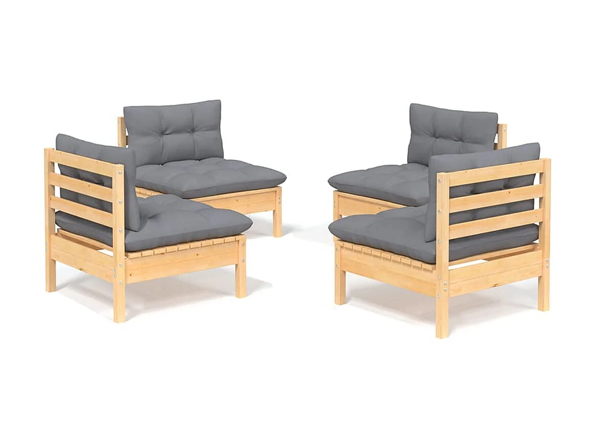 Salon de jardin 4 pcs avec coussins gris Bois de pin