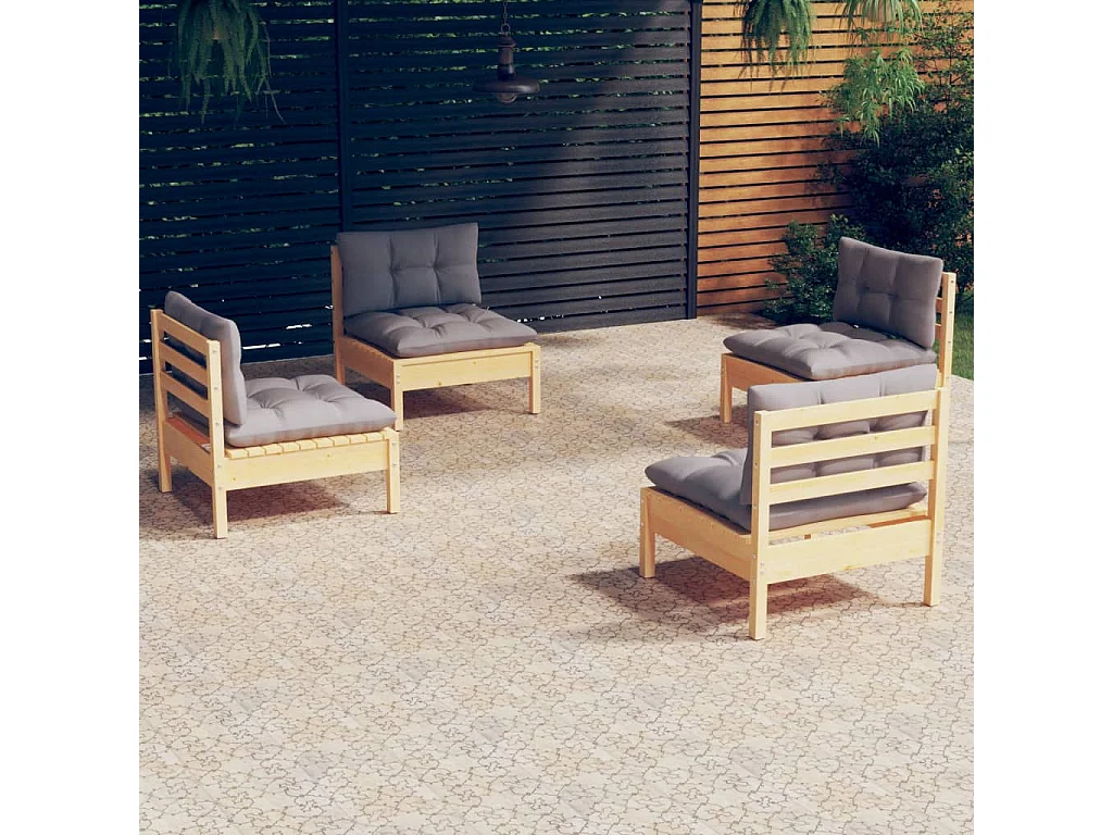 Salon de jardin 4 pcs avec coussins gris Bois de pin