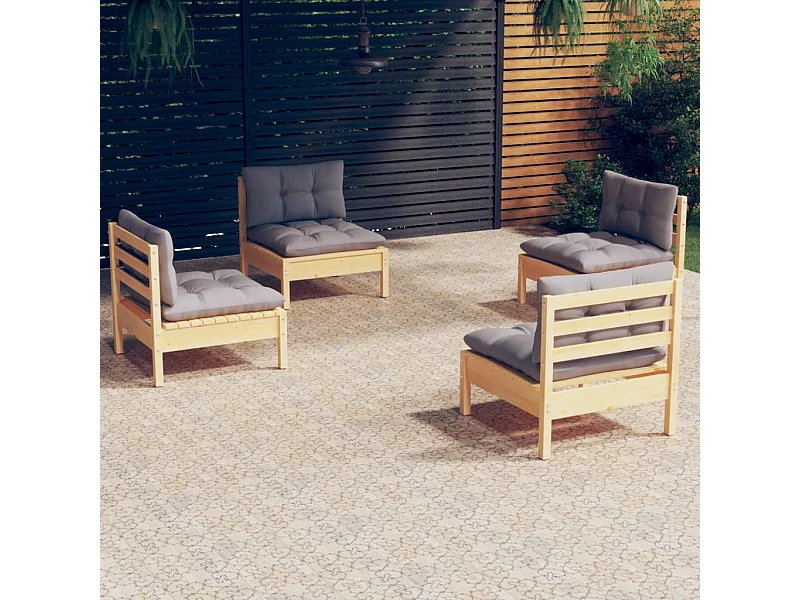 Salon de jardin 4 pcs avec coussins gris Bois de pin