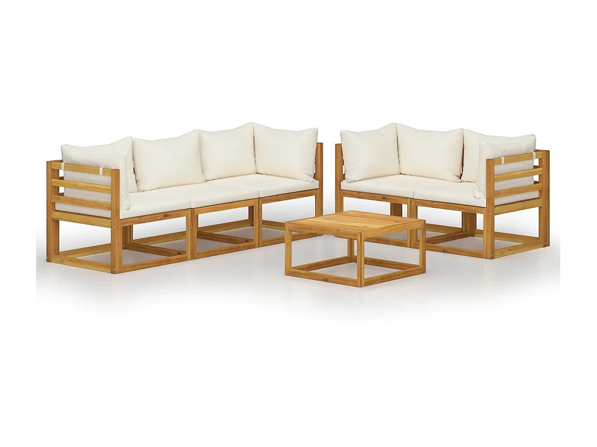 Salon de jardin 6 pcs avec coussin Crème Bois d'acacia solide 3