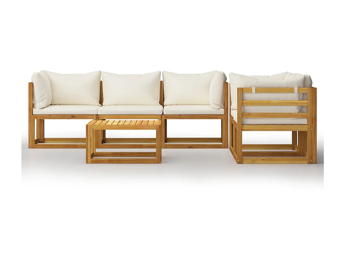 Salon de jardin 6 pcs avec coussin Crème Bois d'acacia solide 3