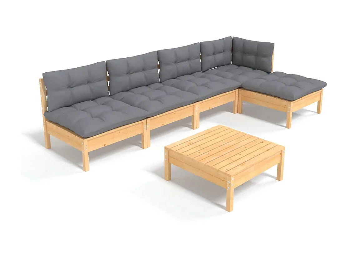 Salon de jardin 6 pcs avec coussins gris Bois de pin 2