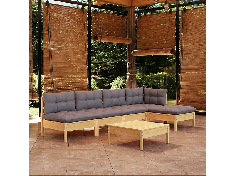 Salon de jardin 6 pcs avec coussins gris Bois de pin 2