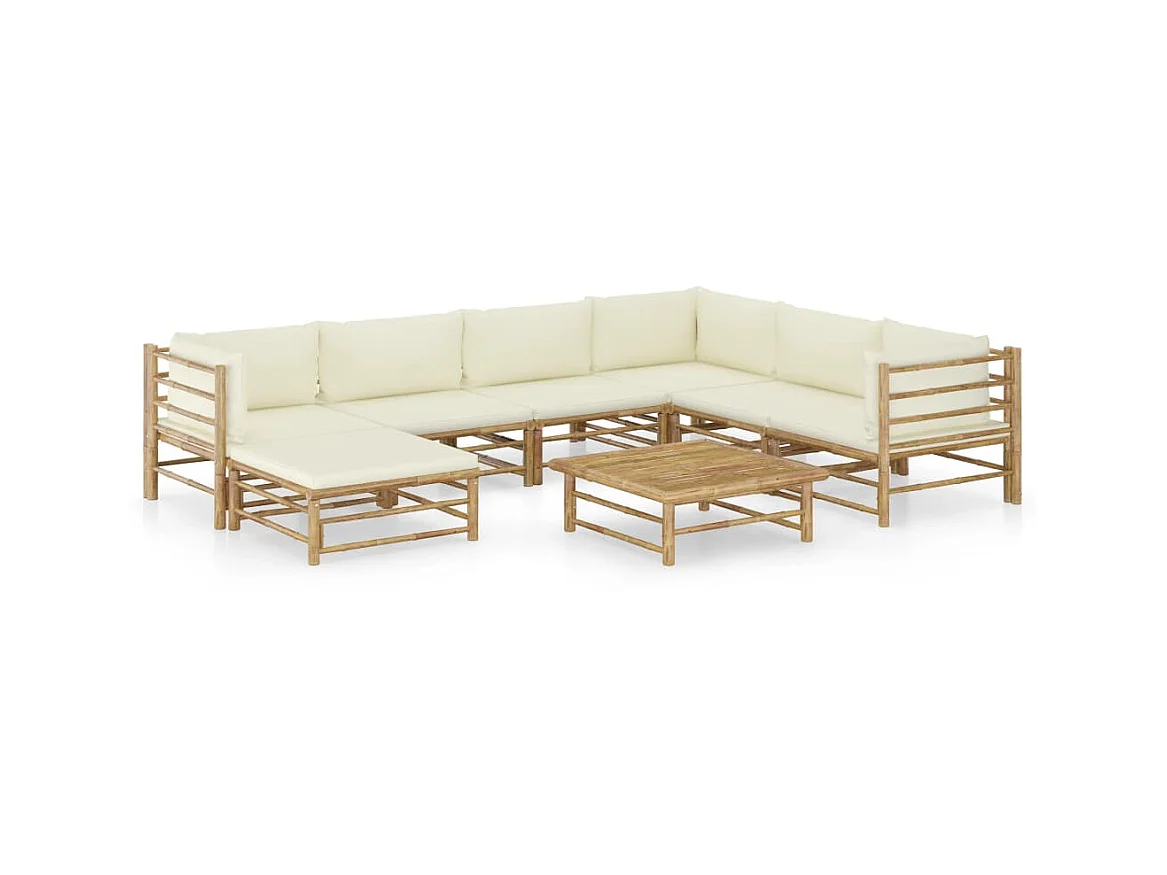 Salon de jardin 8 pcs avec coussins blanc crème Bambou 3