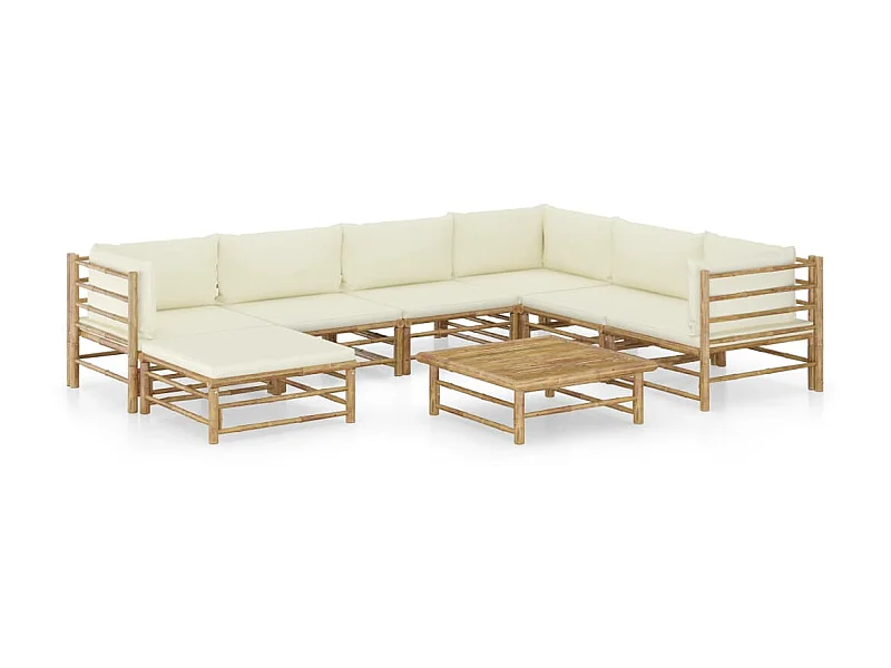 Salon de jardin 8 pcs avec coussins blanc crème Bambou 3
