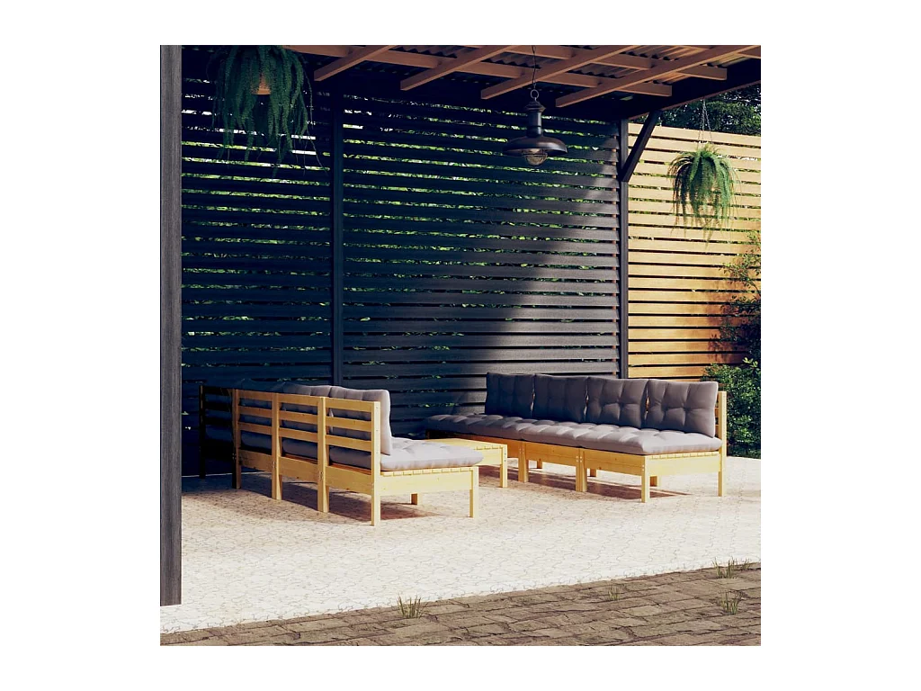 Salon de jardin 9 pcs avec coussins gris Bois de pin massif
