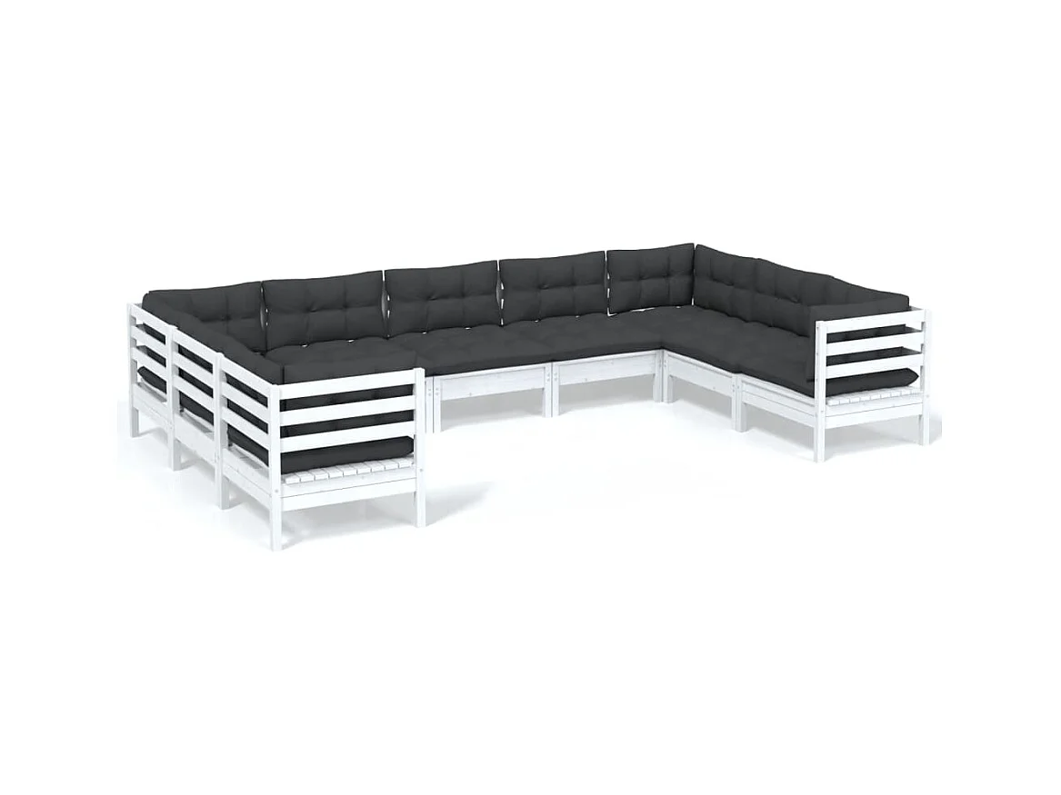 Salon de jardin 9 pcs avec coussins Blanc Bois de pin