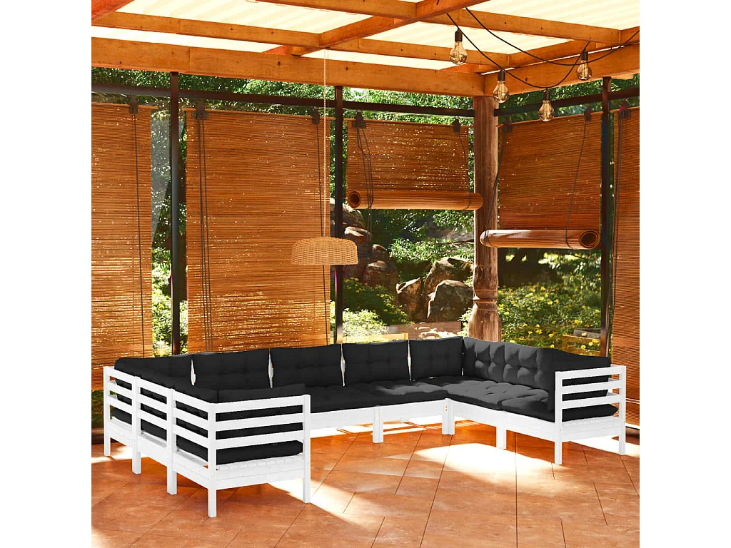Salon de jardin 9 pcs avec coussins Blanc Bois de pin