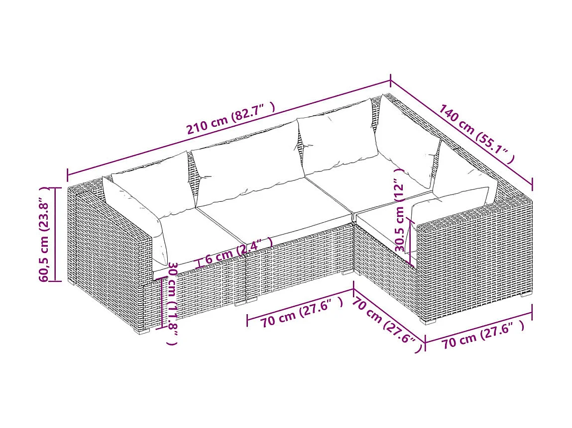 Salon de jardin 4 pcs avec coussins Résine tressée Gris 5