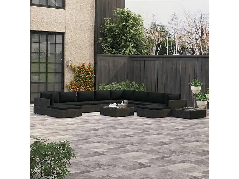 Salon de jardin 12 pcs avec coussins Résine tressée Noir 11