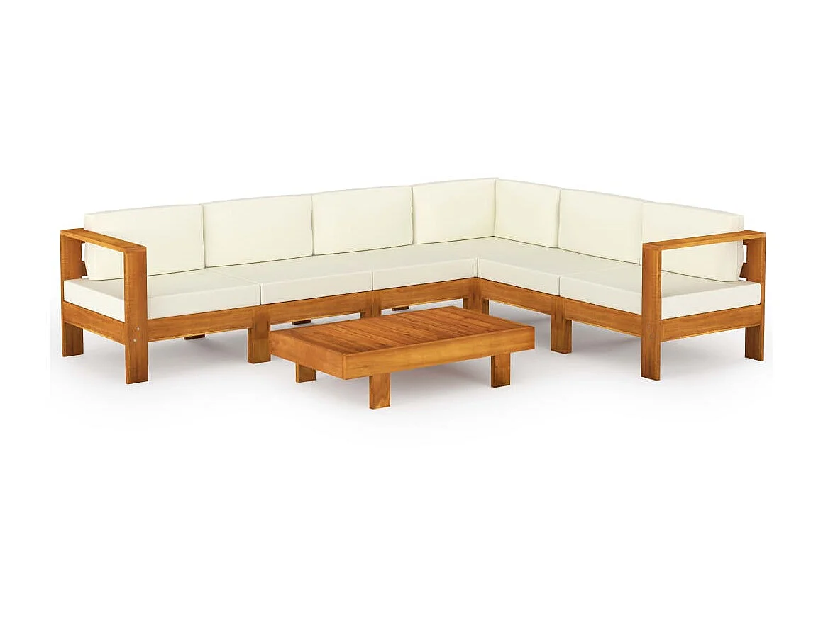 Salon de jardin 7 pcs avec coussins blanc crème Bois d'acacia 3