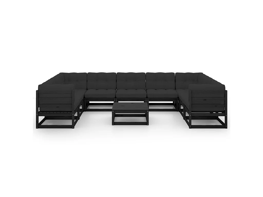 Salon de jardin 10 pcs avec coussins Noir Bois de pin massif 25