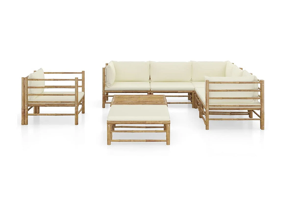 Salon de jardin 8 pcs avec coussins blanc crème Bambou