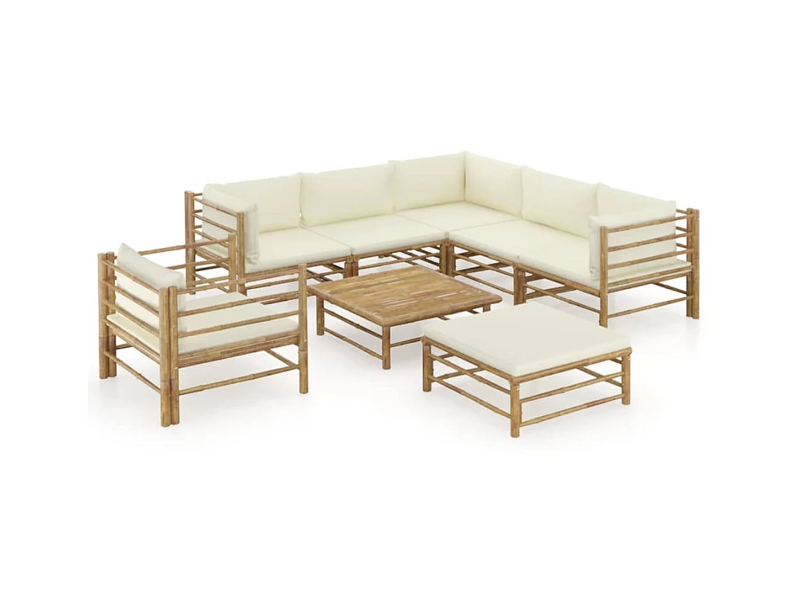 Salon de jardin 8 pcs avec coussins blanc crème Bambou