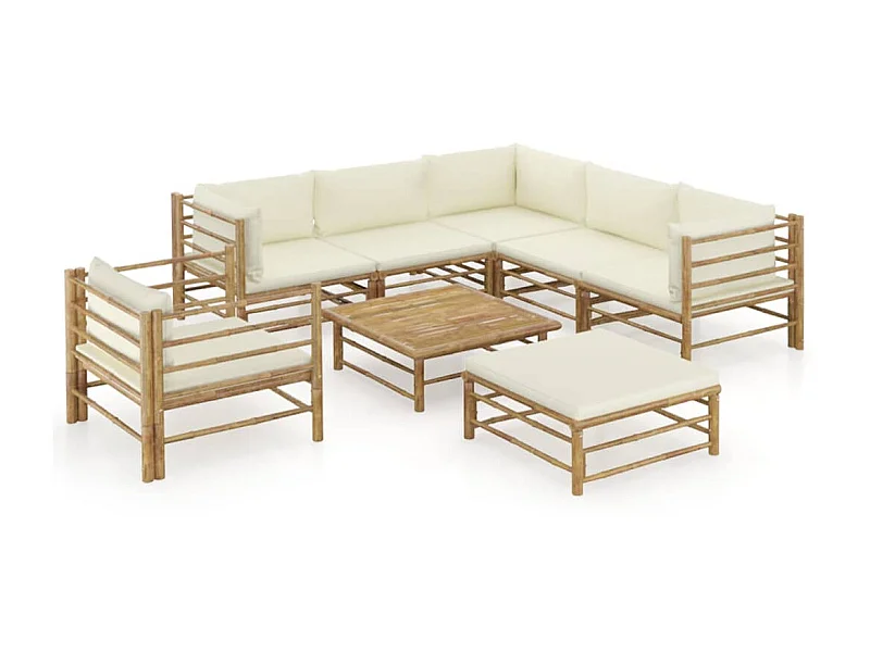 Salon de jardin 8 pcs avec coussins blanc crème Bambou