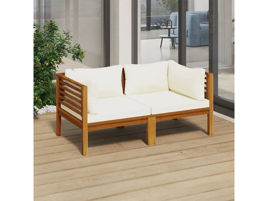 Canapé de jardin 2 places et coussin crème Bois d'acacia massif