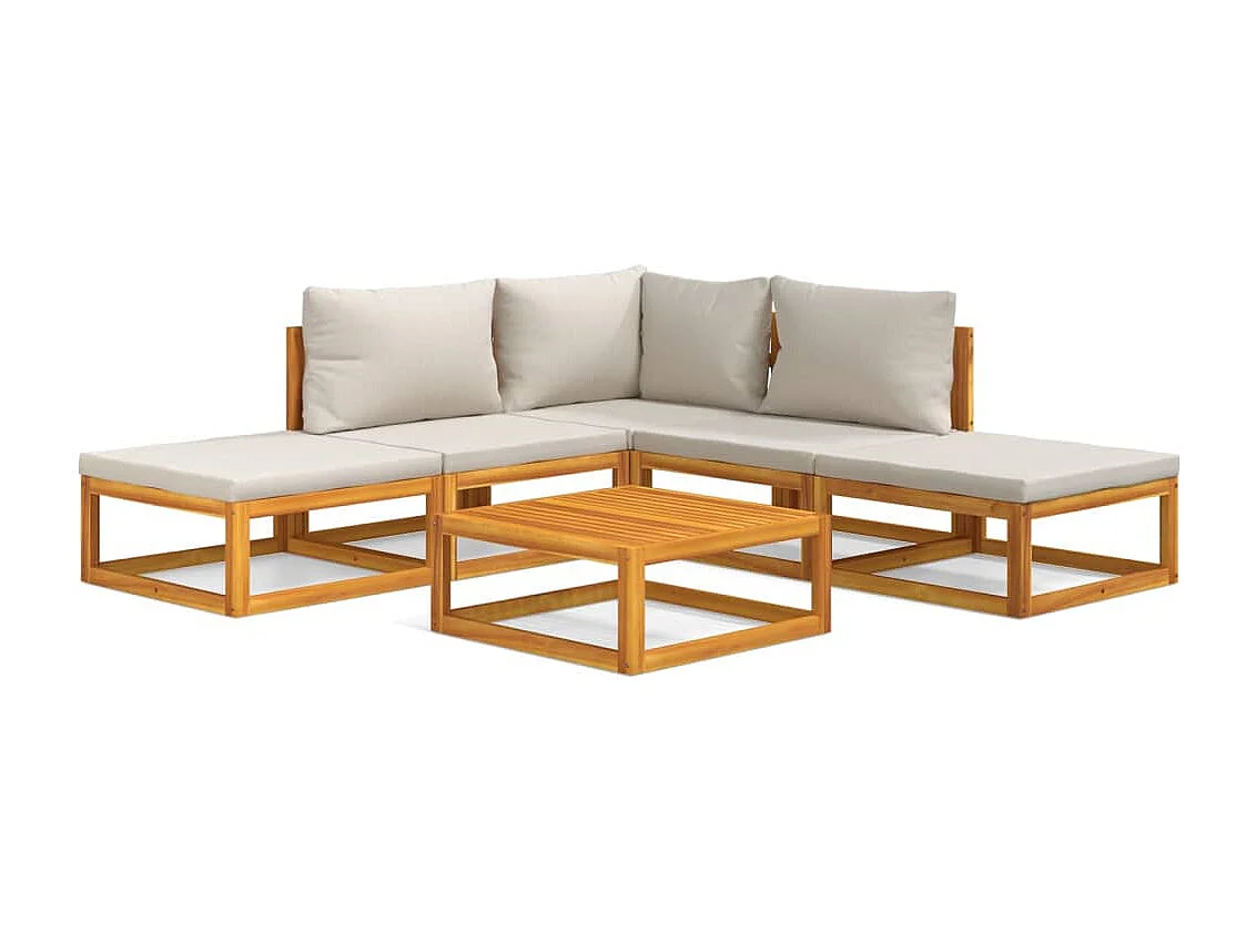 Salon de jardin 6 pcs avec coussins gris clair bois massif