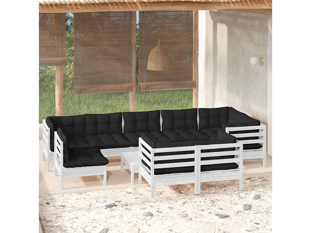 Salon de jardin 10 pcs avec coussins Blanc Bois de pin massif 2