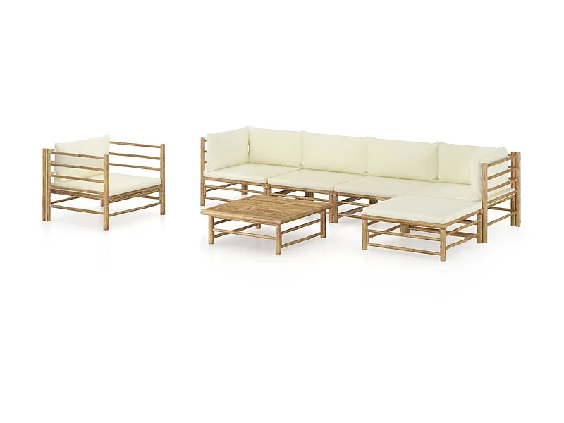 Salon de jardin 7 pcs avec coussins blanc crème Bambou
