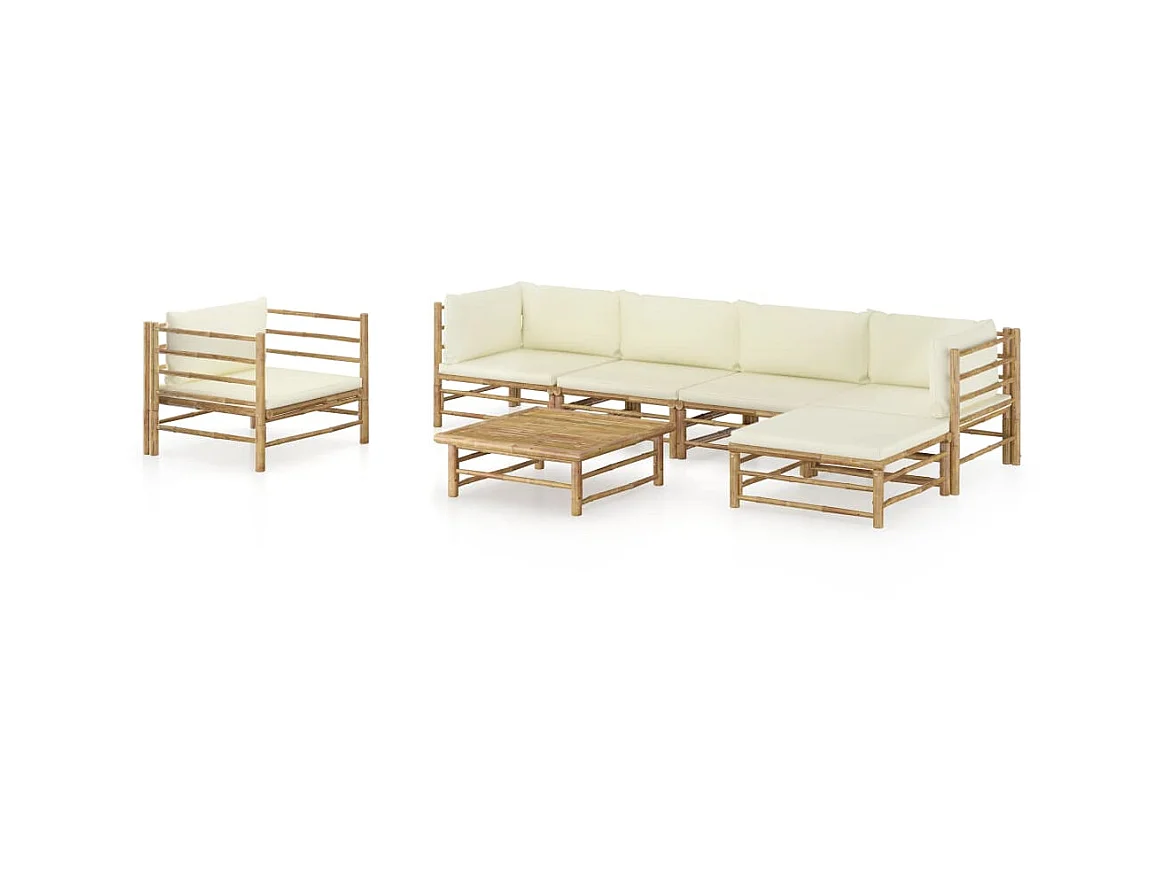 Salon de jardin 7 pcs avec coussins blanc crème Bambou
