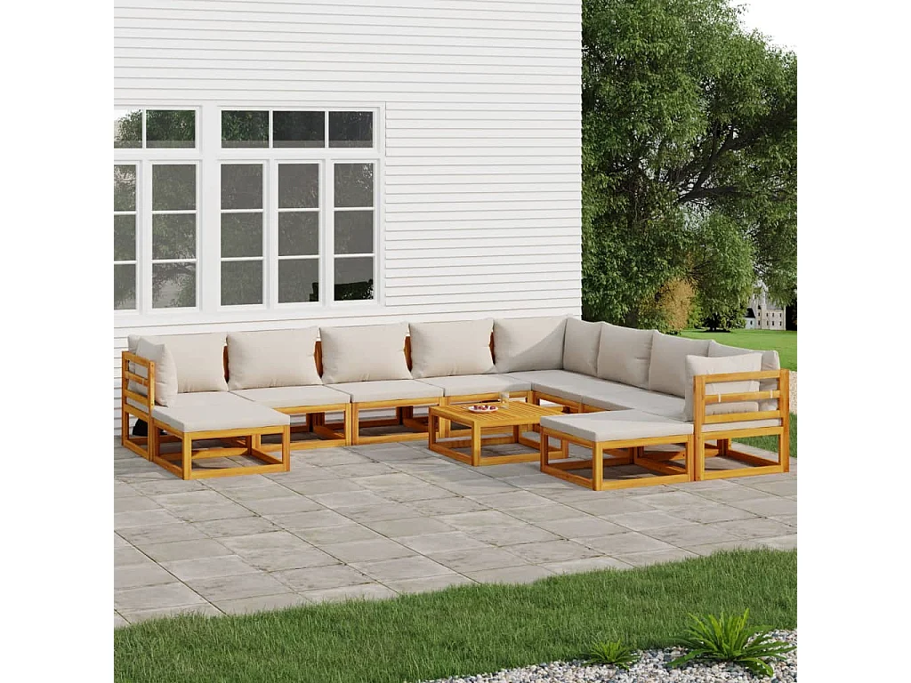 Salon de jardin 11 pcs avec coussins gris clair bois massif