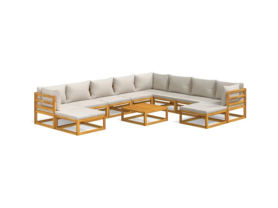 Salon de jardin 11 pcs avec coussins gris clair bois massif