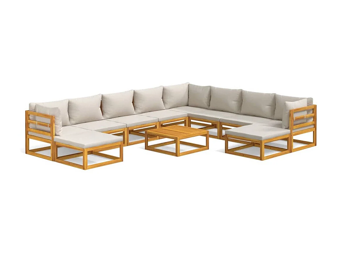 Salon de jardin 11 pcs avec coussins gris clair bois massif