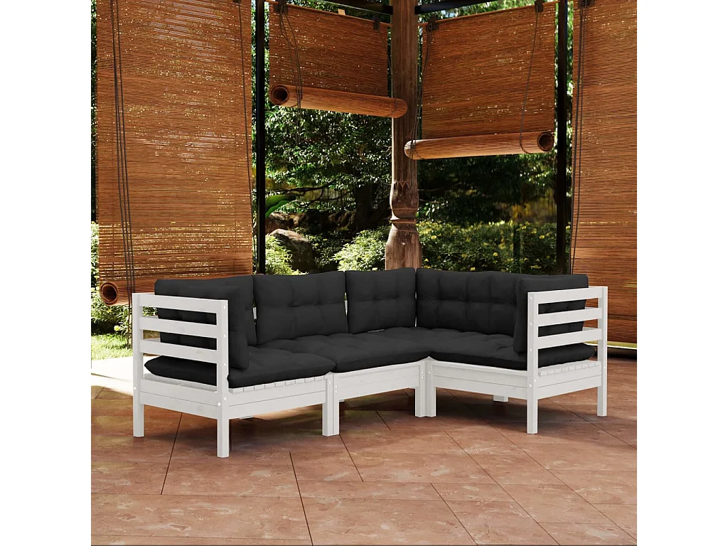 Salon de jardin 4 pcs avec coussins Blanc Bois de pin