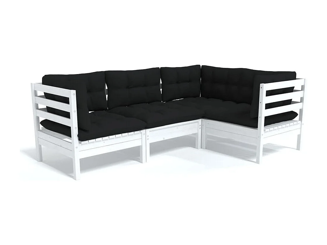 Salon de jardin 4 pcs avec coussins Blanc Bois de pin