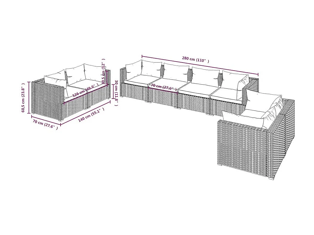 Salon de jardin 8 pcs avec coussins Résine tressée Gris 2