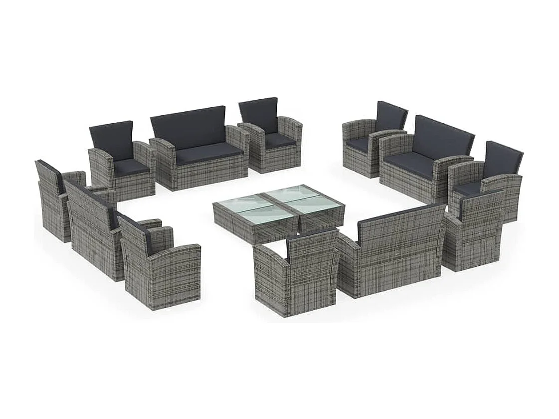Salon de jardin 16 pcs avec coussins Résine tressée Gris 2