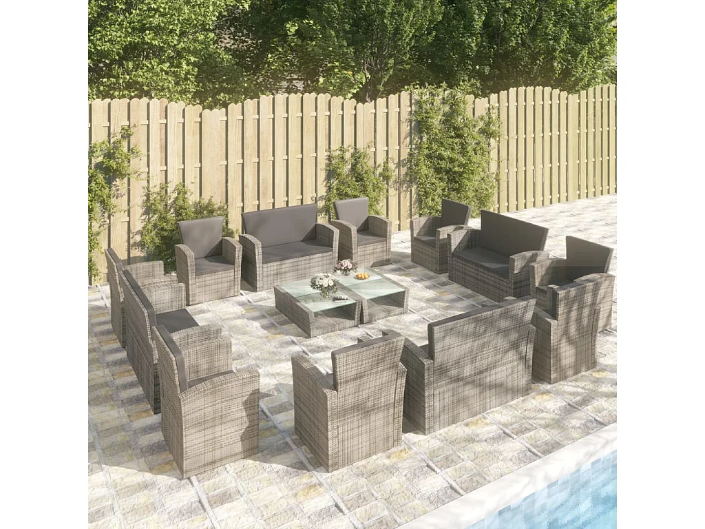 Salon de jardin 16 pcs avec coussins Résine tressée Gris 2