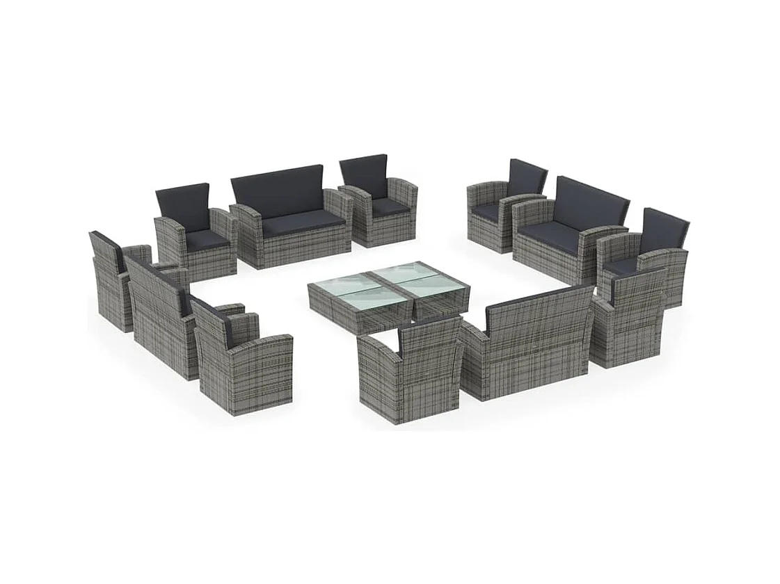 Salon de jardin 16 pcs avec coussins Résine tressée Gris 2
