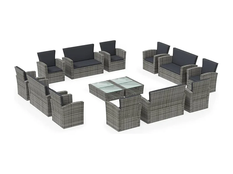 Salon de jardin 16 pcs avec coussins Résine tressée Gris 2