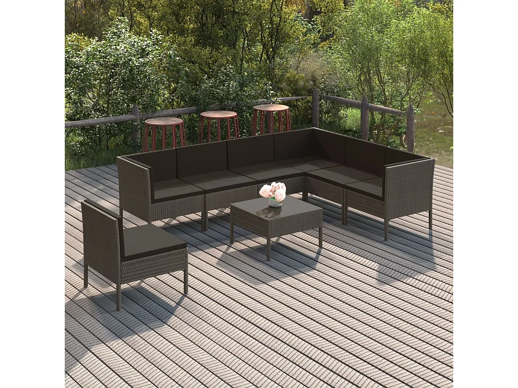 Salon de jardin 8 pcs avec coussins Résine tressée Gris 48