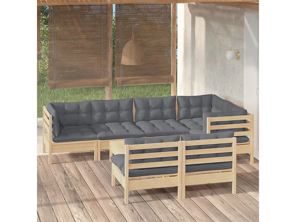 Salon de jardin 8 pcs avec coussins gris Bois de pin massif 3