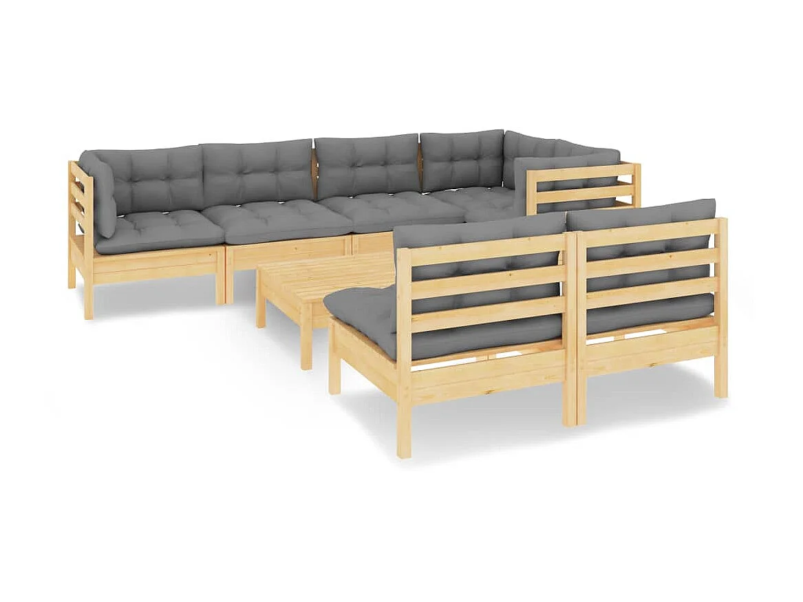 Salon de jardin 8 pcs avec coussins gris Bois de pin massif 3