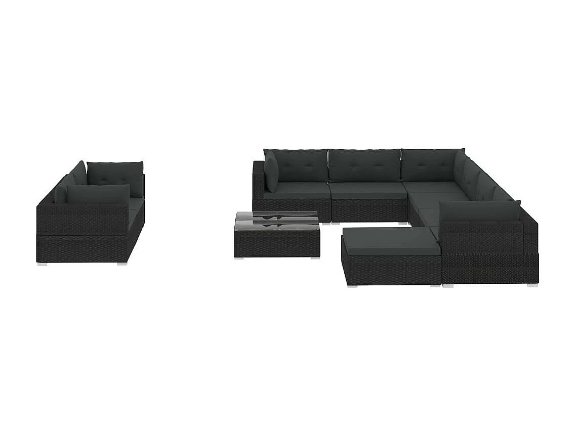 Salon de jardin 10 pcs avec coussins Résine tressée Noir 26