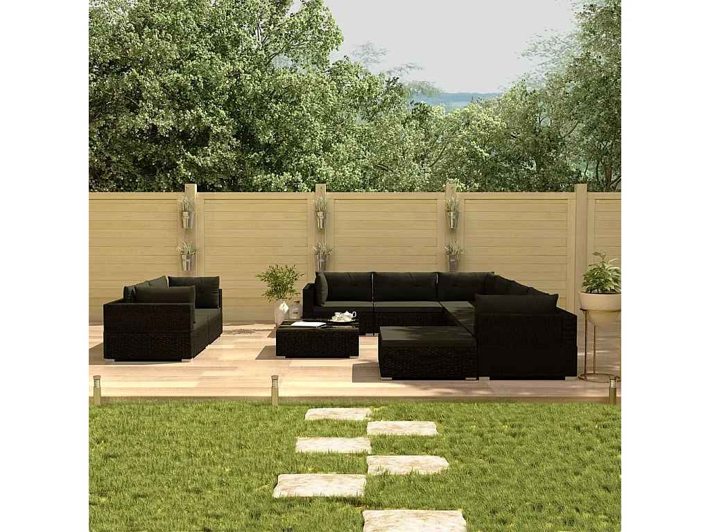 Salon de jardin 10 pcs avec coussins Résine tressée Noir 26