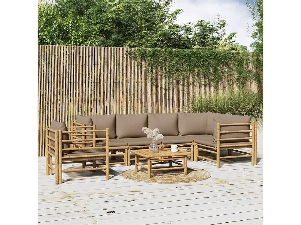 Salon de jardin 7 pcs avec coussins taupe bambou
