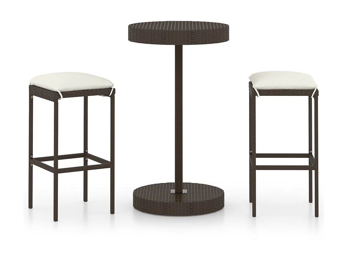Meuble de bar de jardin 3 pcs et coussins Résine tressée Marron