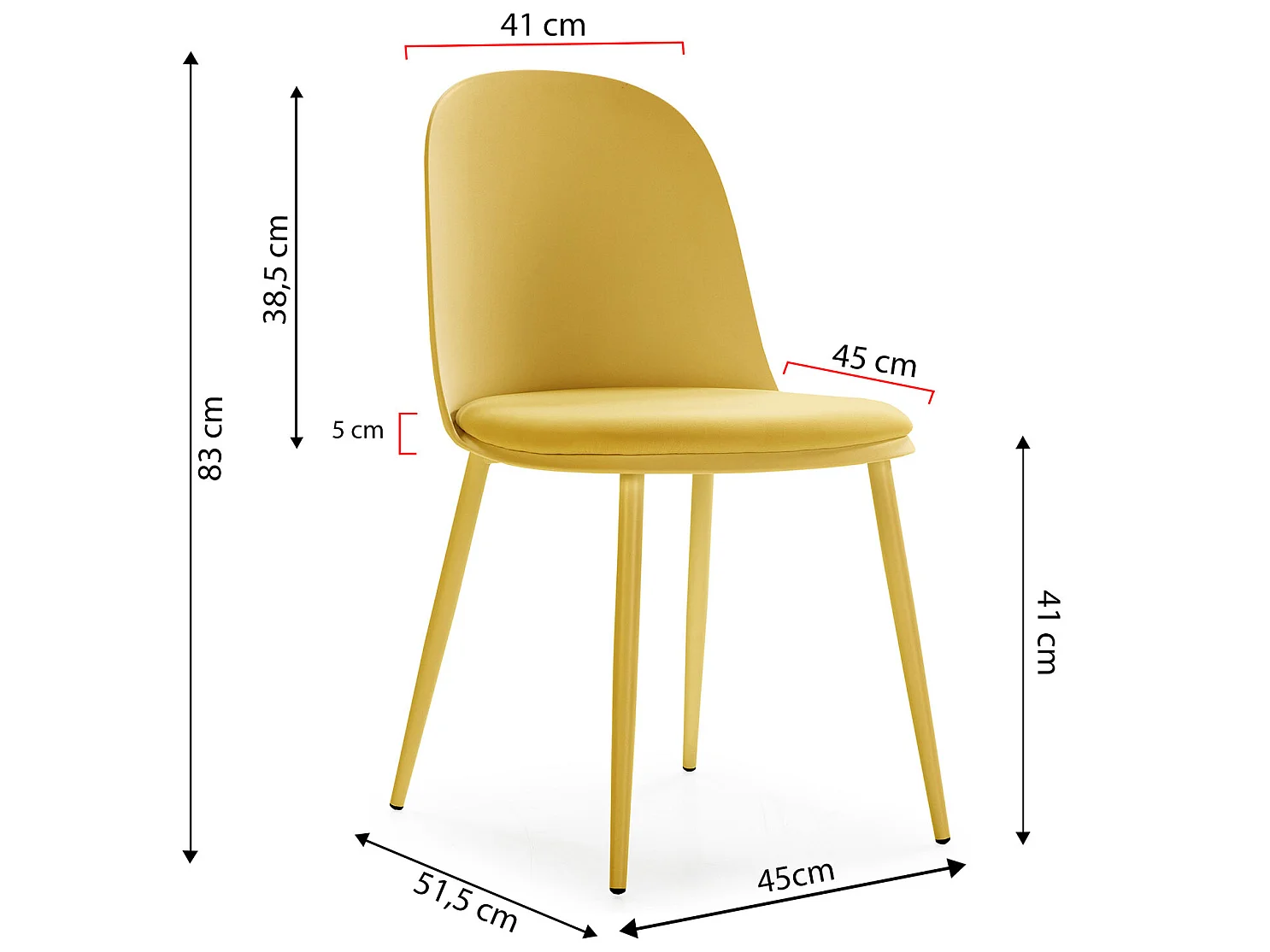 Lot de 4 chaises Kana moutarde, pieds en métal et assise rembourrée