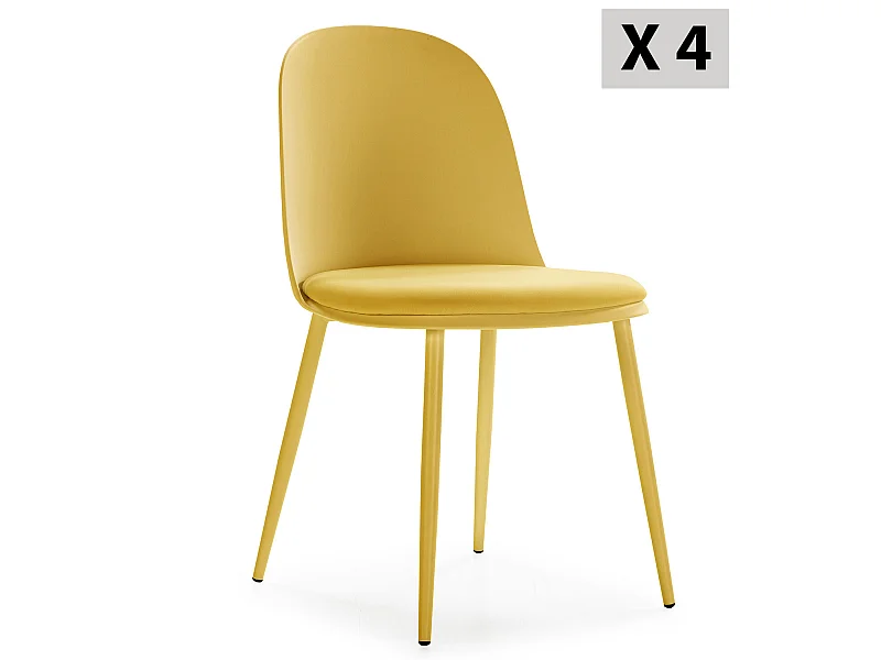 Set van 4 Mosterdgele Kana stoelen, metalen poten en gestoffeerde zitting.