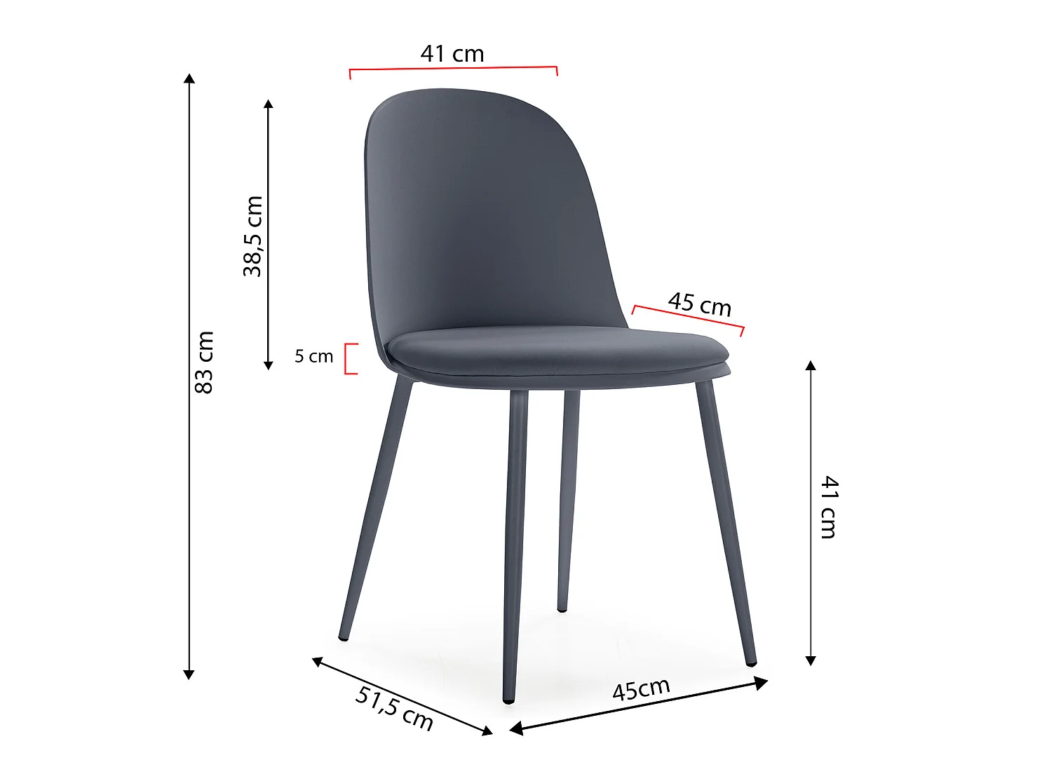 Lot de 4 chaises Kana bleus, pieds en métal et assise rembourrée