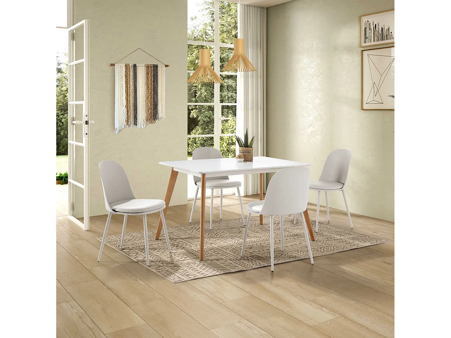 Conjunto de 4 cadeiras Kana Branco, pernas metálicas e assento estofado.