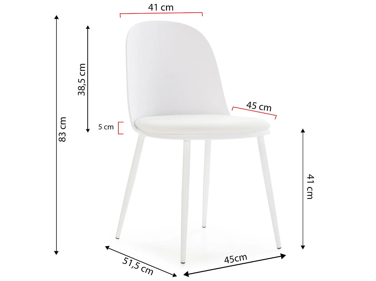 Lot de 4 chaises Kana blanches, pieds en métal et assise rembourrée