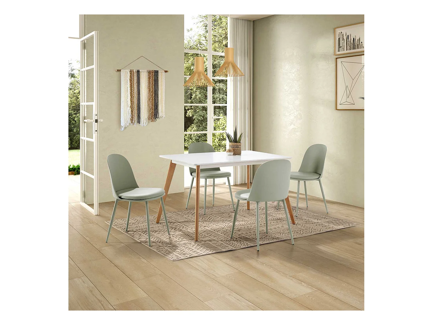 Lot de 4 chaises Kana vert, pieds en métal et assise rembourrée