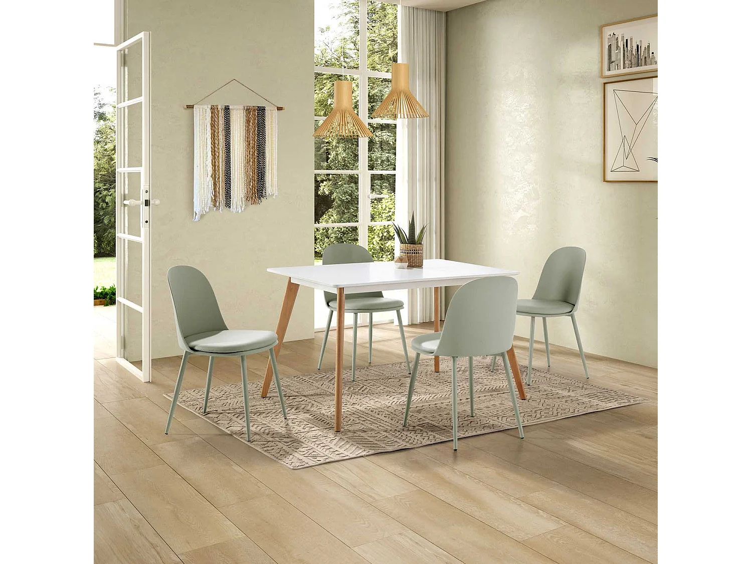 Lot de 4 chaises Kana vert, pieds en métal et assise rembourrée