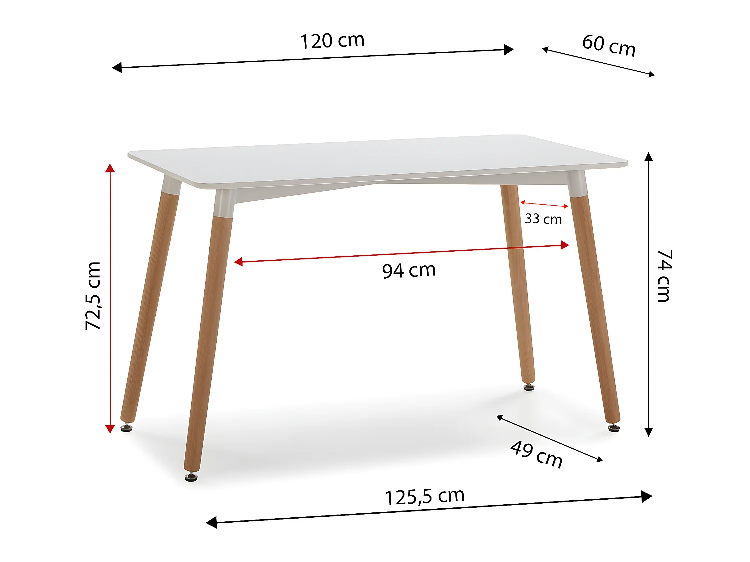 Eettafel Aroa 120x60 cm Wit, Poten van Beukenhout, 120 x 60 cm